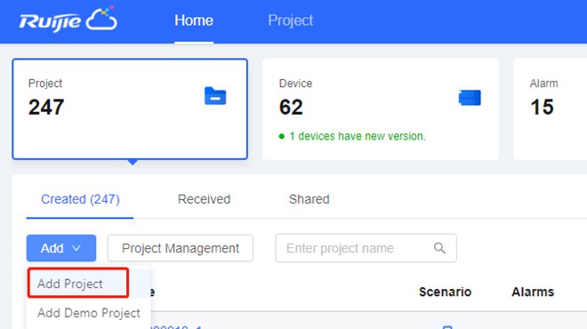 בחירת Add Project בתפריט