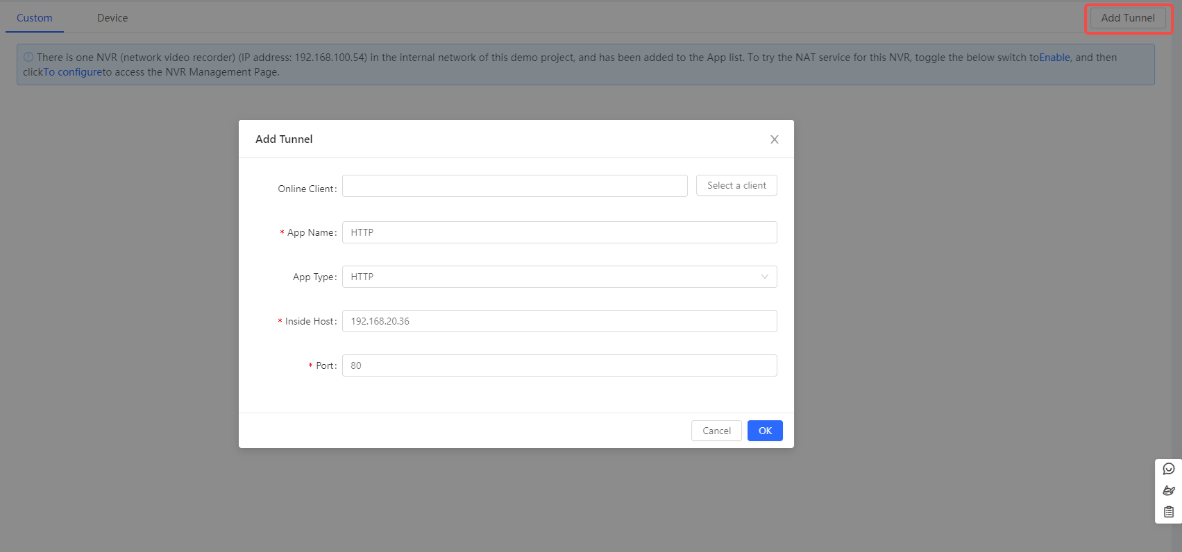 לחיצה על Add Tunnel