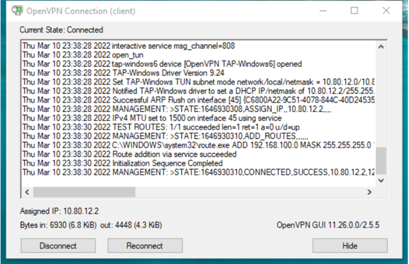 יומן חיבור מציג סטטוס Connected