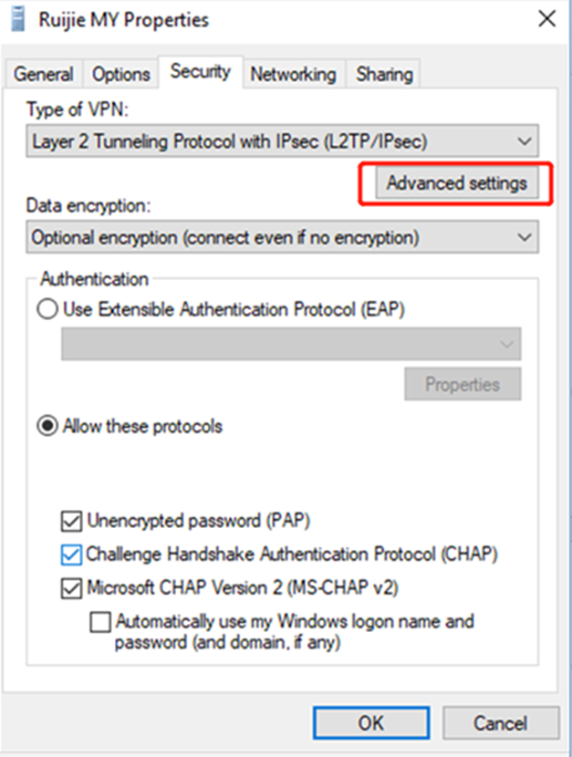 מאפייני חיבור VPN - כרטיסיית Security