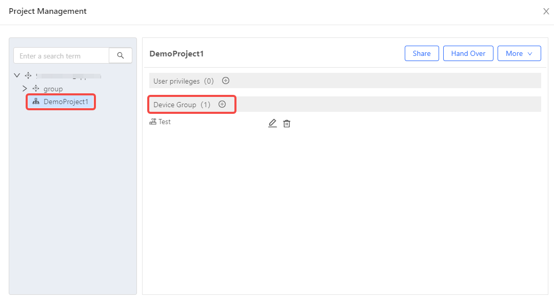 בחירת הפרויקט הרצוי ולחיצה על סמל ההוספה ליד Device Group