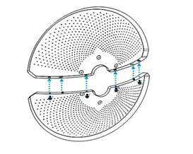 איור תקריב המראה את נקודות החיבור בין שני חצאי הרפלקטור