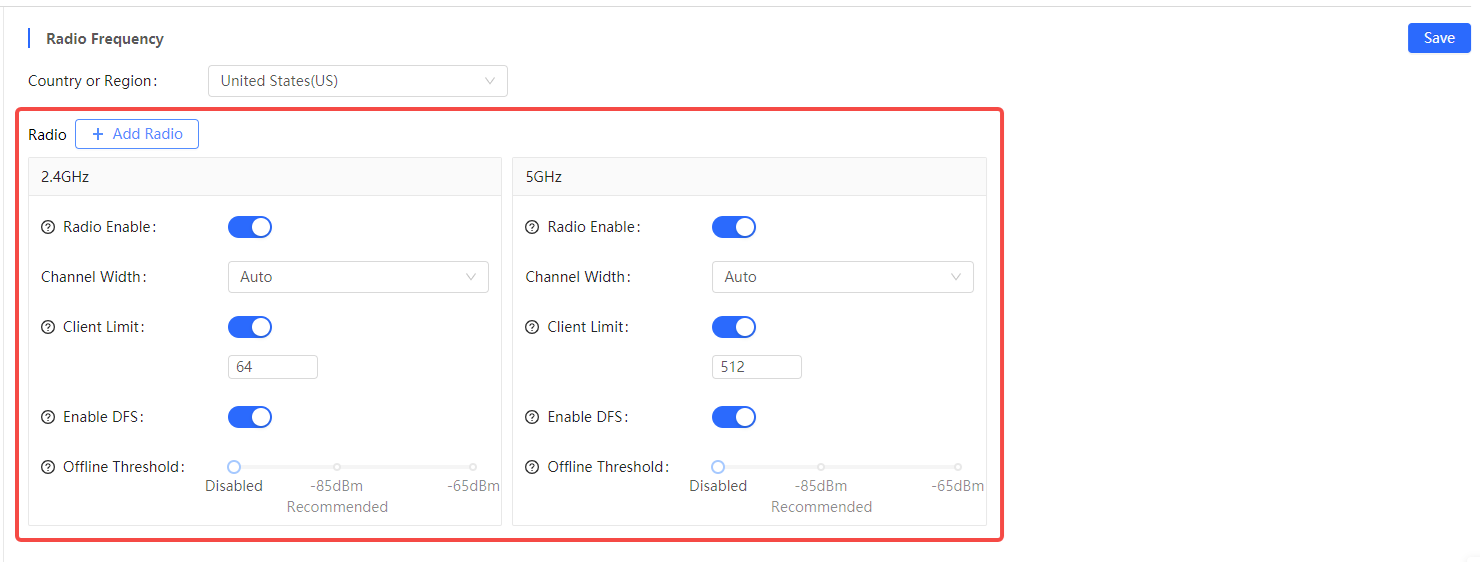 מסך הגדרת פרמטרים לאזור Radio