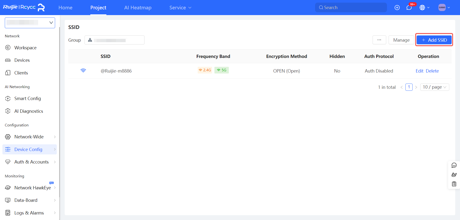 דף SSID עם לחצן 'Add SSID'