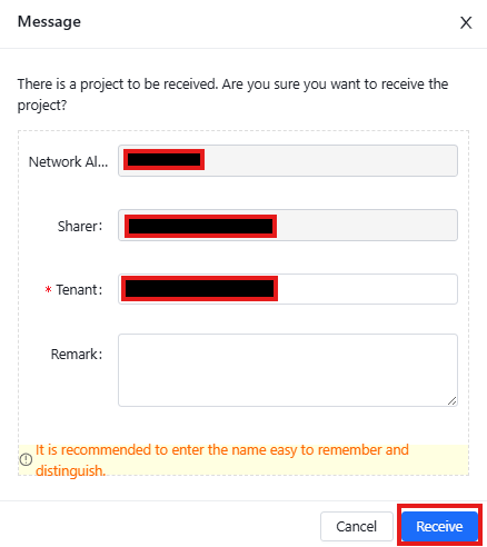 The 'Message' pop-up window with project details and the 'Receive' button