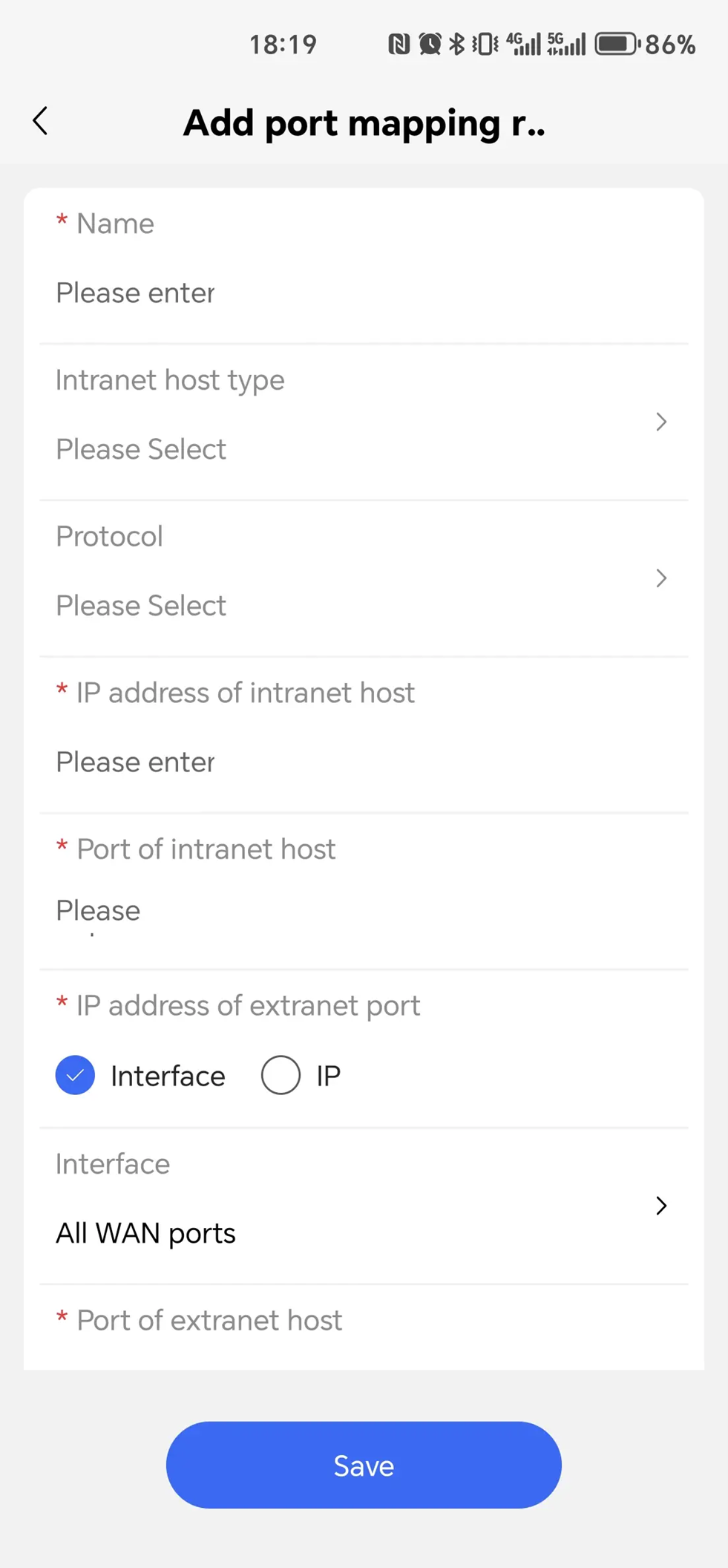 ממשק הוספת כלל מיפוי פורטים