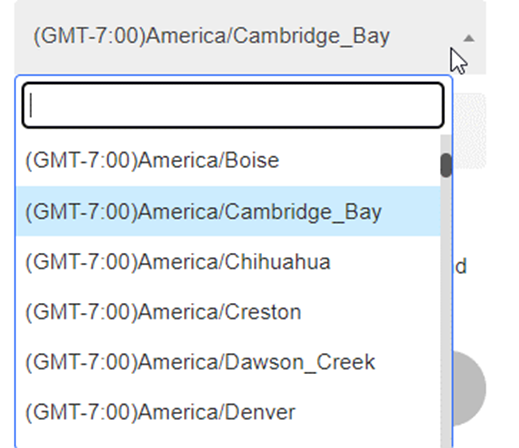 Drop-down menu for Time Zone selection on the Register page