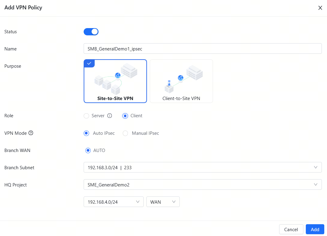 הוספת מדיניות VPN עבור שער הסניף