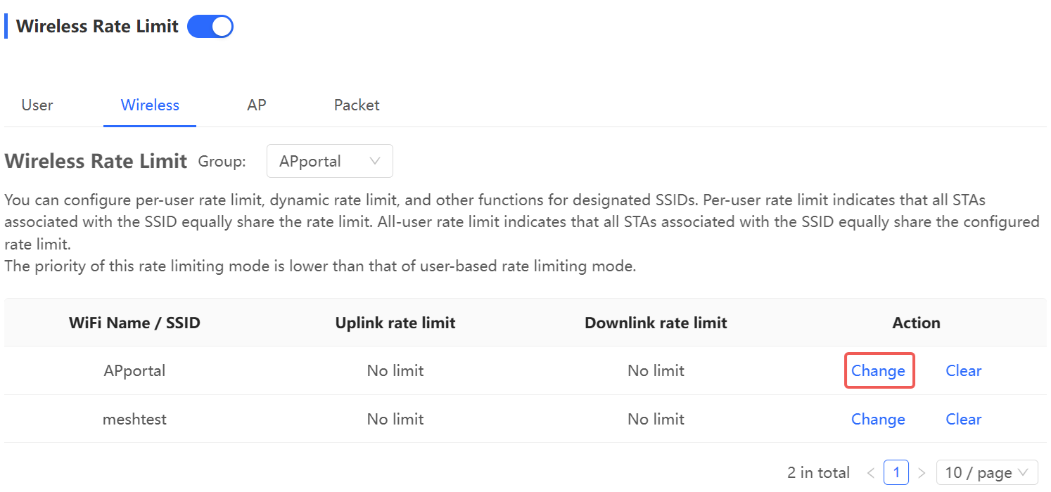 מסך הגדרת Wireless Rate Limit ו-Change