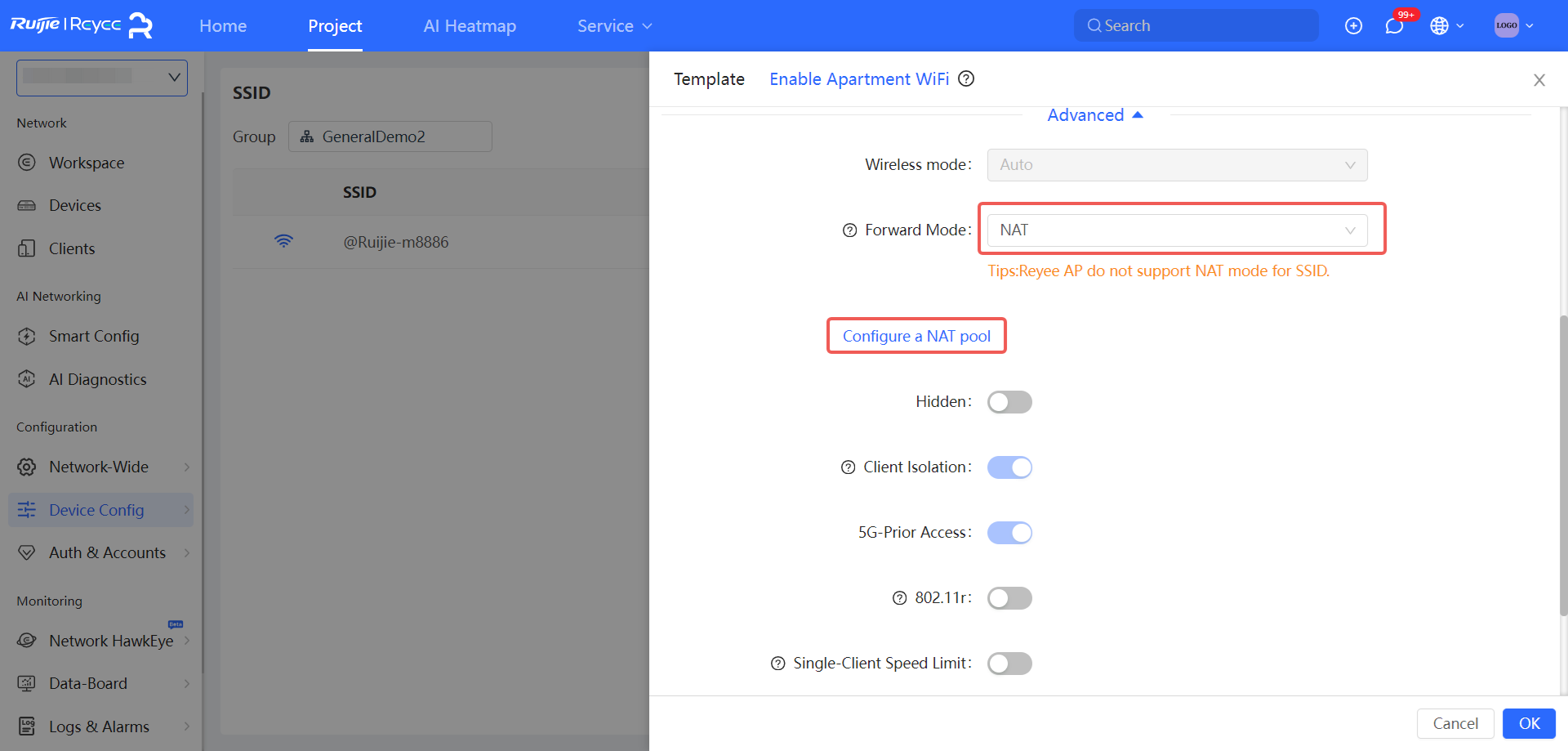 הגדרת Forward Mode ל-NAT ולחצן Configure a NAT pool