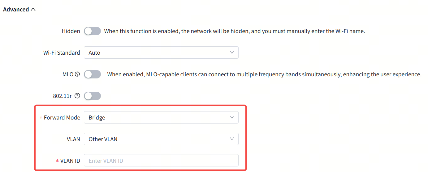 מצב העברה מוגדר כ-Bridge ו-VLAN מוגדר כ-Other VLAN עם שדה הזנת מזהה VLAN