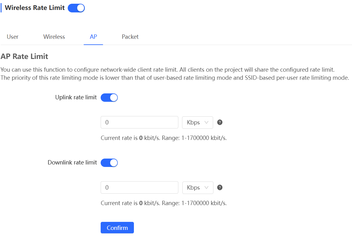 מסך קונפיגורציית AP Rate Limit