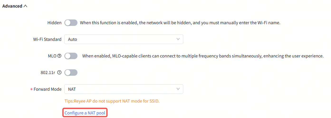 מצב העברה מוגדר כ-NAT עם לחצן 'הגדר מאגר NAT'