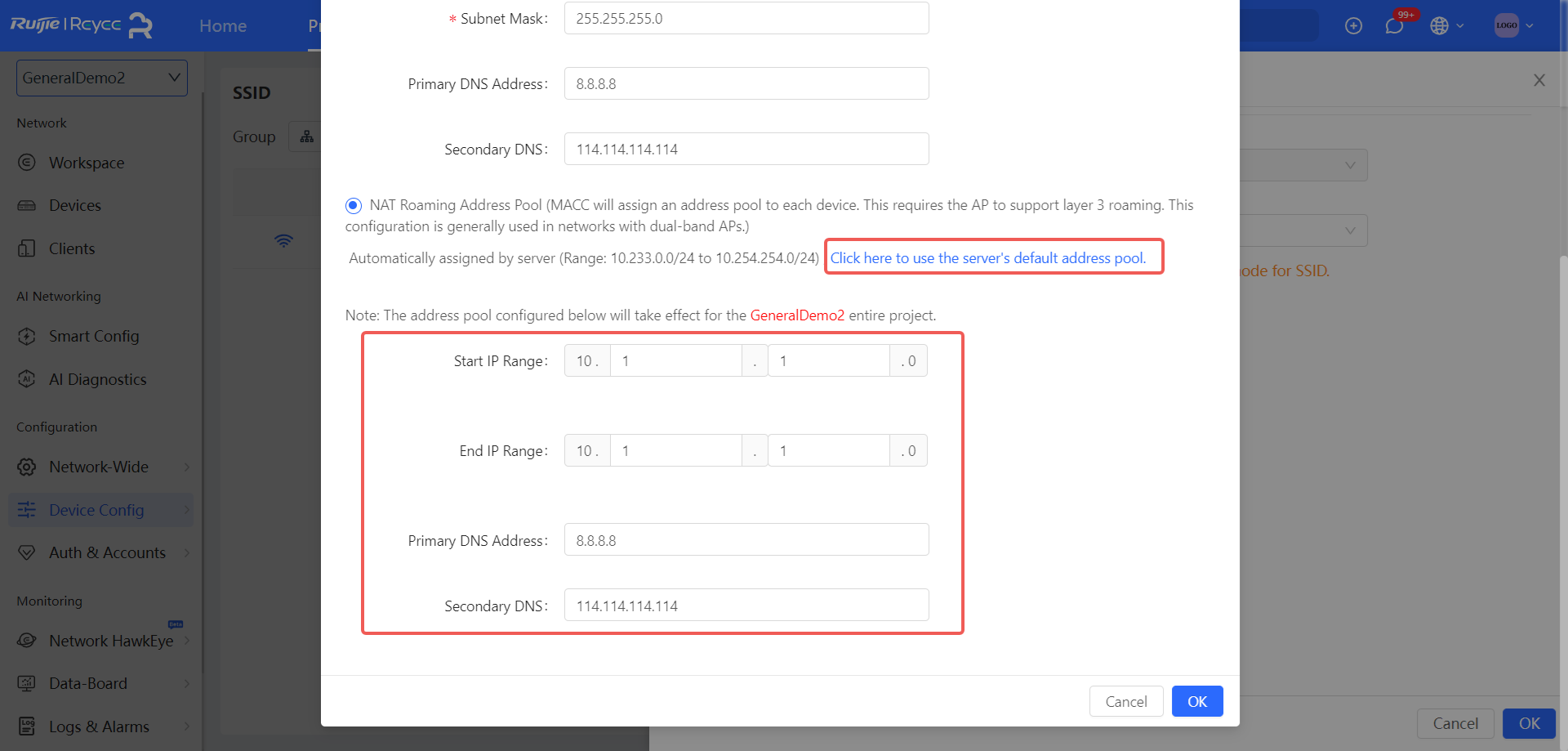 חלונית הגדרת מאגר NAT נדידה עם שדות Start/End IP Range, Subnet Mask ו-DNS