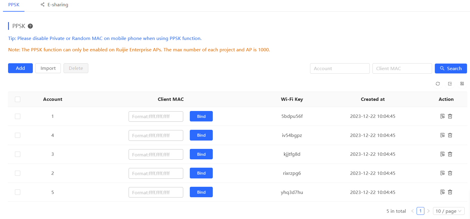 רשימת חשבונות PPSK לאחר יצירה